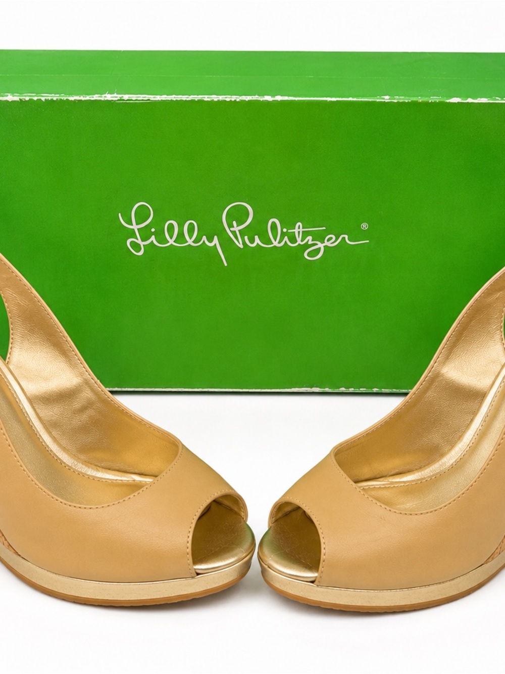 Lilly Pulitzer Gold Cork Wedge Slingback Peep Toe Heels Size 9 With Box